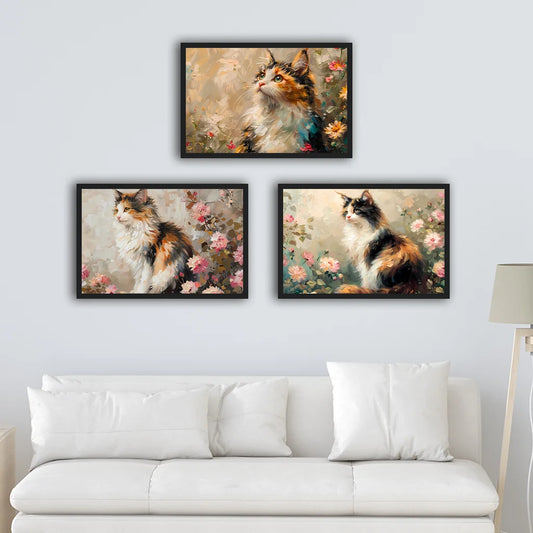 Vintage Animal Wall Art, Flower Cat Oil Canvas Painting, Nordic Poster Print for Bedroom Living Room Wall Decor Peaceful Pleasures Health and Wellness