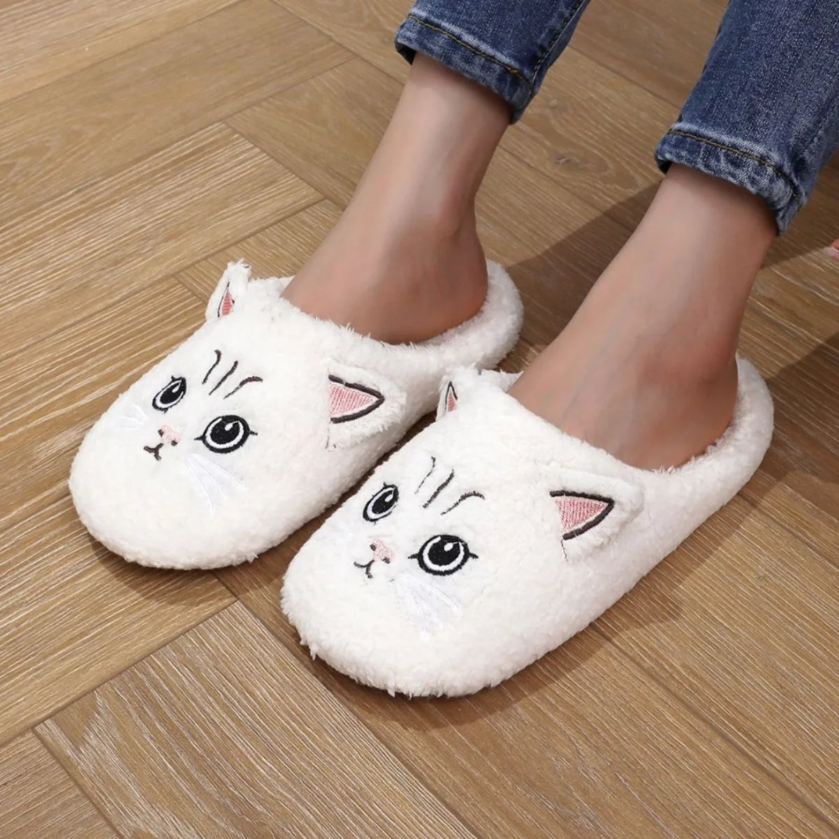 Women's Furry Cat Slippers – Soft Plush Non-Slip Indoor House Shoes
