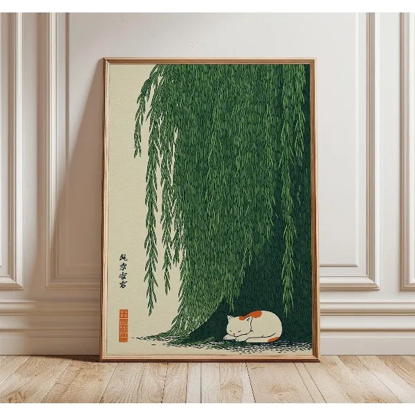 Japanese Cat & Willow Lily Pond Canvas Wall Art Print