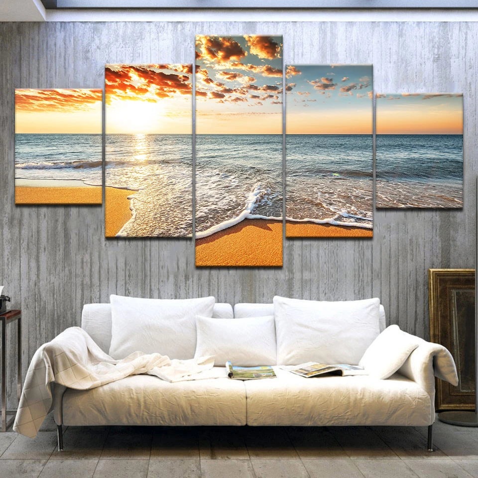 5pcs Cleopatra Ocean Canvas Painting Wall Art Orange Sky Ocean Beach Multi Turkey Sand Beach Sunrise Wall Decor No Frame Peaceful Pleasures Health and Wellness