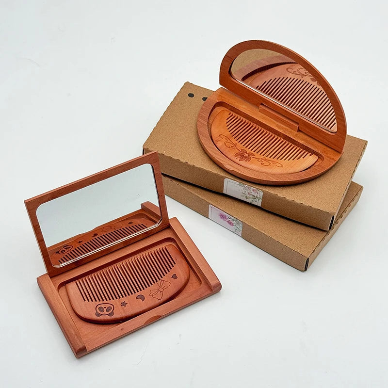 New Peach Wood Red Sandalwood Flip Mirror Folding Comb Mirror Portable Carved with Combs Makeup Mirror Portable Portable Mirrors Peaceful Pleasures Health and Wellness
