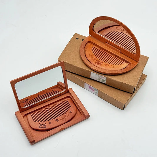 New Peach Wood Red Sandalwood Flip Mirror Folding Comb Mirror Portable Carved with Combs Makeup Mirror Portable Portable Mirrors Peaceful Pleasures Health and Wellness