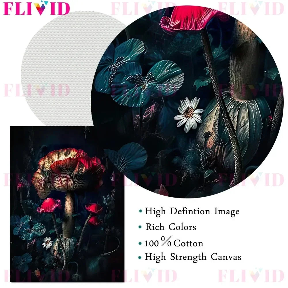Dark Botanical Gothic Mushroom & Roses Canvas Wall Print
