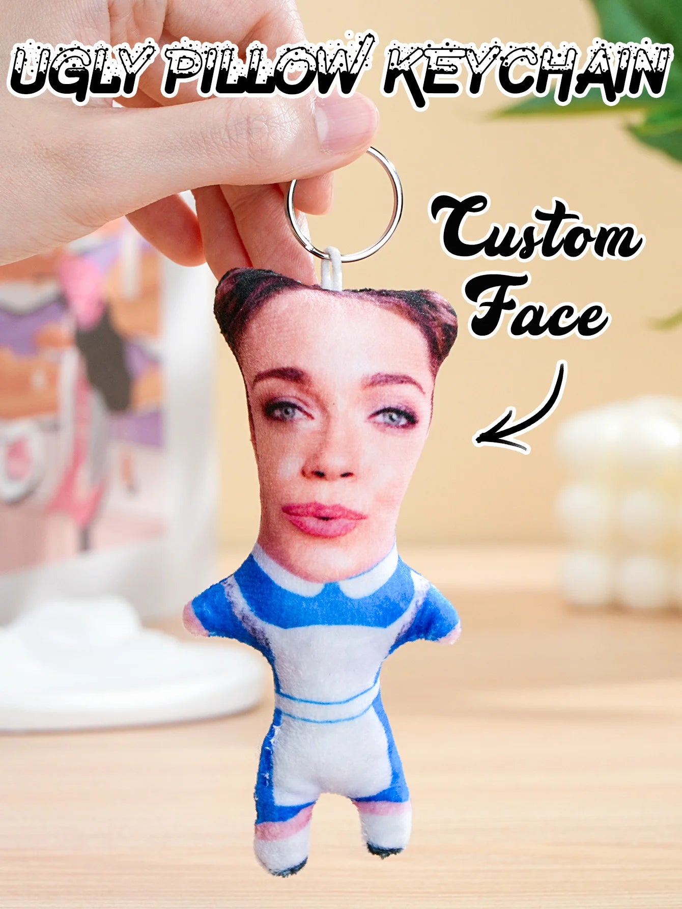 1pc Custom Face Pillow Keychain Funny Ugly Plush Keychain Custom Photo Keyring Gift For Friends Family Boyfriend Girlfriend Peaceful Pleasures Health and Wellness Style 2 6x12cm