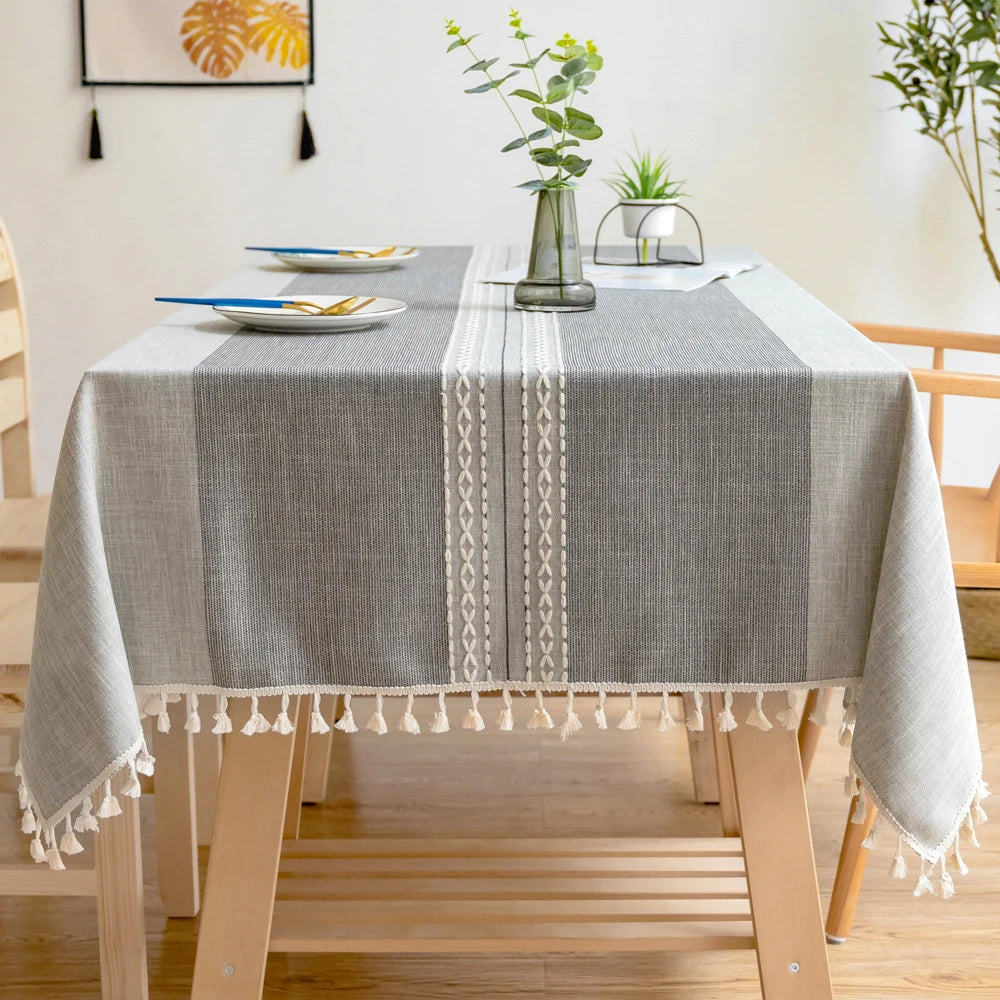 Battilo Linen Cotton Tablecloth | Striped Tassel Table Cover