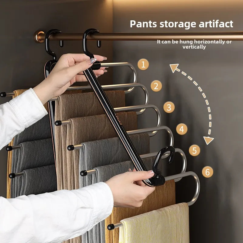 6 Layers Multi-Function Pants Hangers Folding Aluminum Trouser Clothes Storage Rack Saving Space Storage Holder Closet Organizer Peaceful Pleasures Health and Wellness