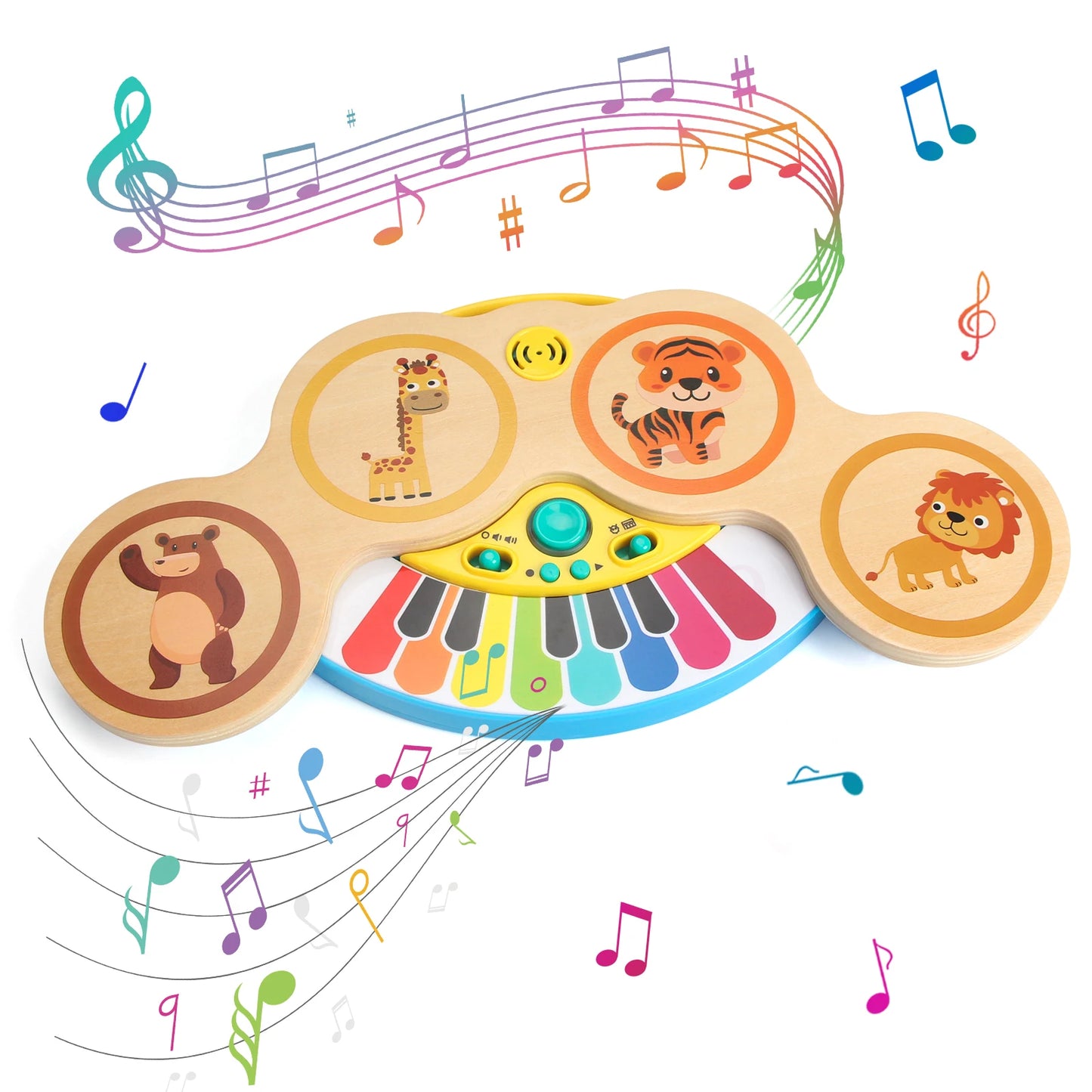 Wooden 2in1 Keyboard Piano Clapping Drum Music Light Cartoon Animals