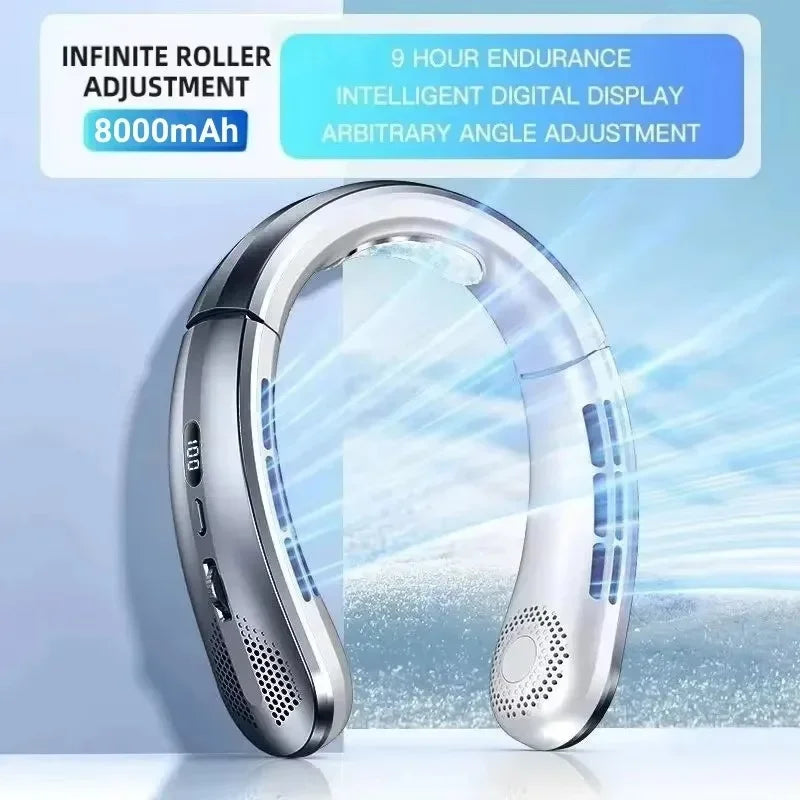 Mini New USB Hanging Neck Fan 8000mAh Rechargeable Bladeless Portable Mute LED Digital Display Electric Fans Air Cooler Peaceful Pleasures Health and Wellness Grey