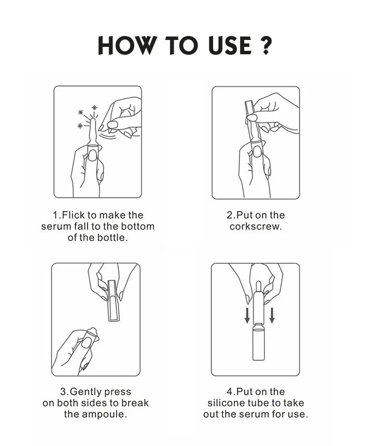 Step-by-step instructions for using a serum bottle with illustrations and text.