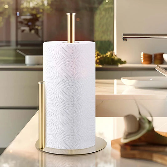 Golden Double Pole Kitchen Tissue Holder Desktop Cling Film Storage Rack Non Perforated Metal Hand Towel Roll Paper Holder New Peaceful Pleasures Health and Wellness
