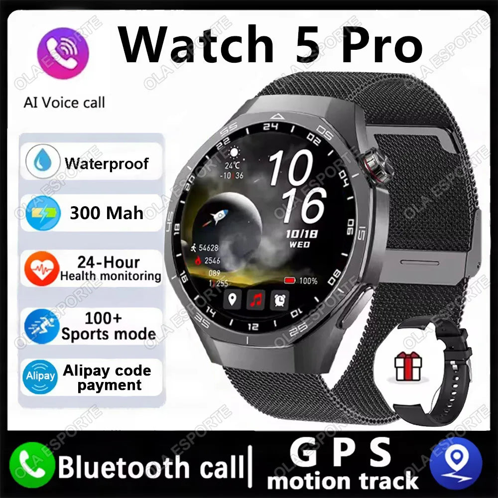 MA27 New Watch 5 Pro Smart Watch 1.53 Inch AMOLED Display Screen GPS Sports Tracker Smartwatch Men Women IP68 Waterproof Watches Peaceful Pleasures Health and Wellness Black Milan