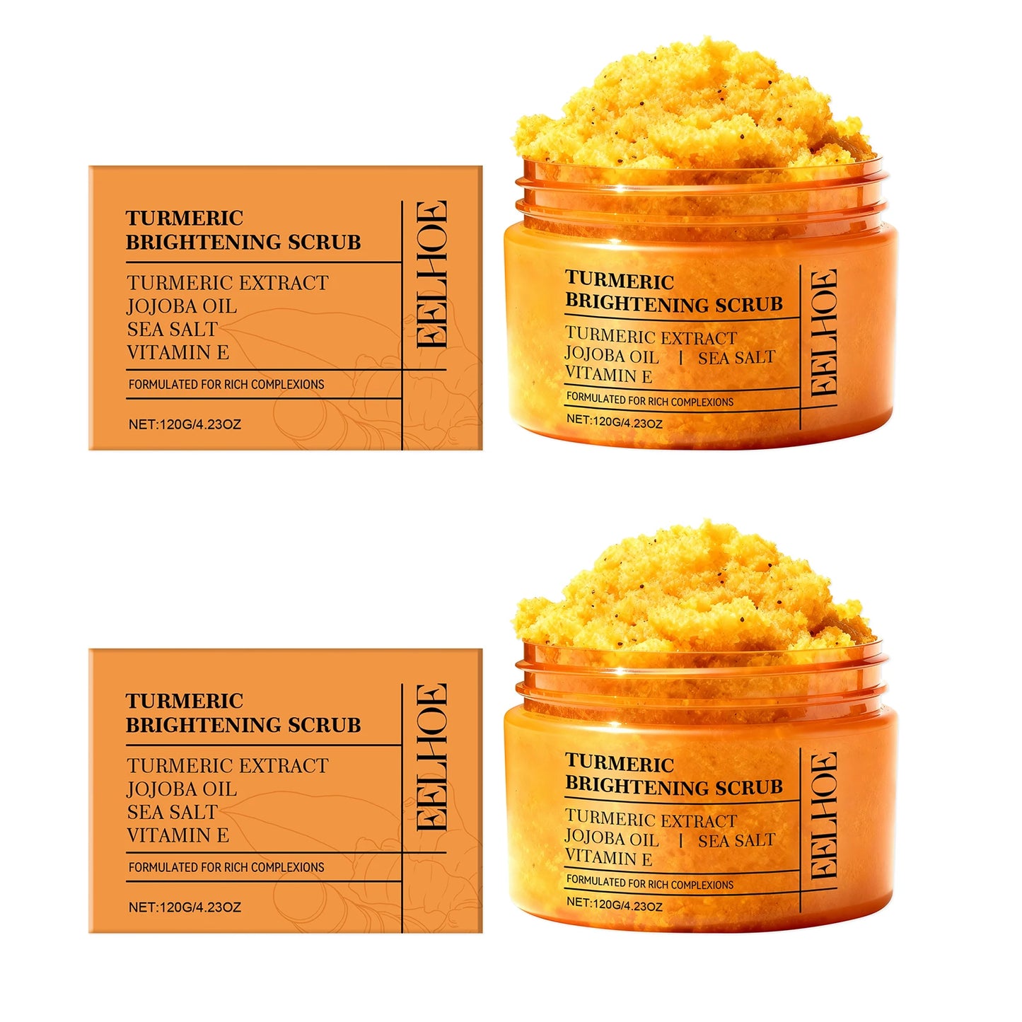 Turmeric Vitamin E Exfoliation scrub Smoothing Brightening Skin Care Reduce Dark Spots refreshed Turmeric Body Scrub Cosmetics Peaceful Pleasures Health and Wellness 2 x 120g Boxed