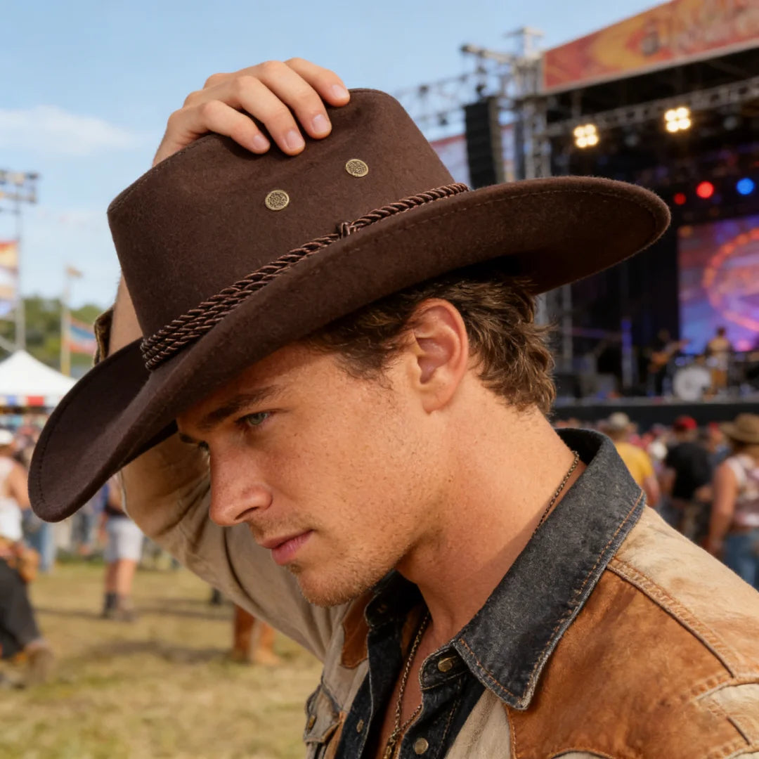 Brown Felt Western Cowboy Hat Braided Band Wide Curved Brim Unisex