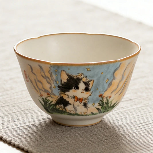 Ceramics Lovely Cat Your Ru Kiln Sunflower Mouth Teacup Master Cup Ceramic Personal Special Tasting Cup Ice Crack Glaze Tea Bowl Peaceful Pleasures Health and Wellness