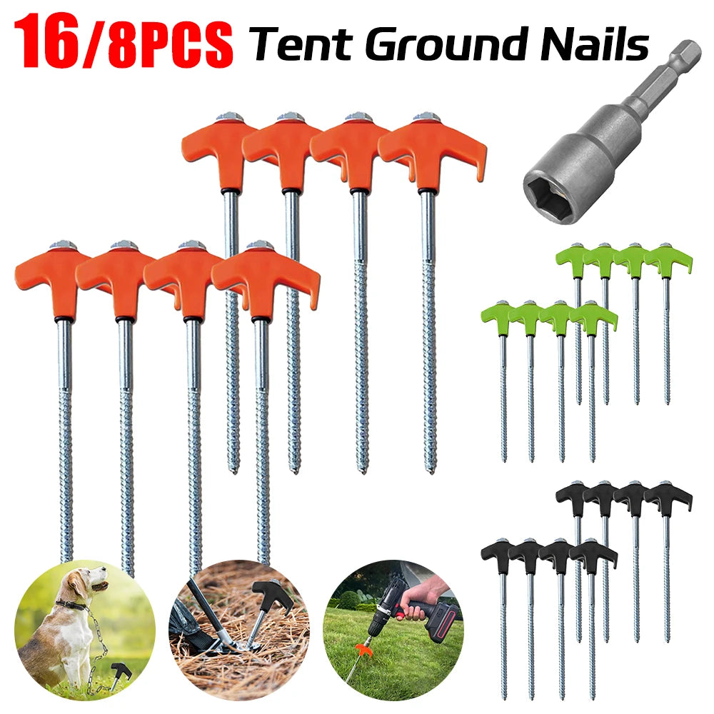Screw Tent Stakes 8/16Pcs M8 Carbon Steel Spiral Pegs with Hex Socket Luminous Glow Head for Outdoor Camping Hard Ground Anchors Peaceful Pleasures Health and Wellness