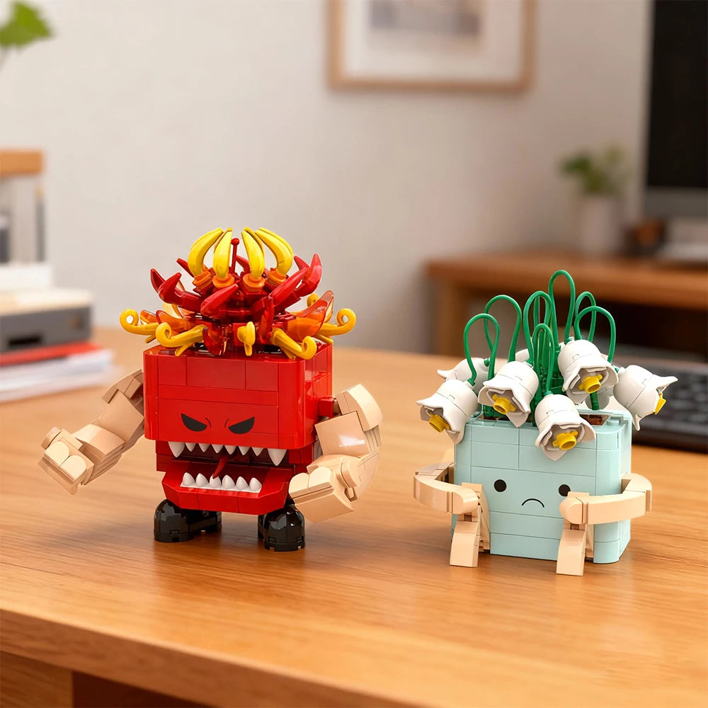 MOC Angry & Sad Plant Pot Building Blocks | 423 Pcs, Rotating Flower