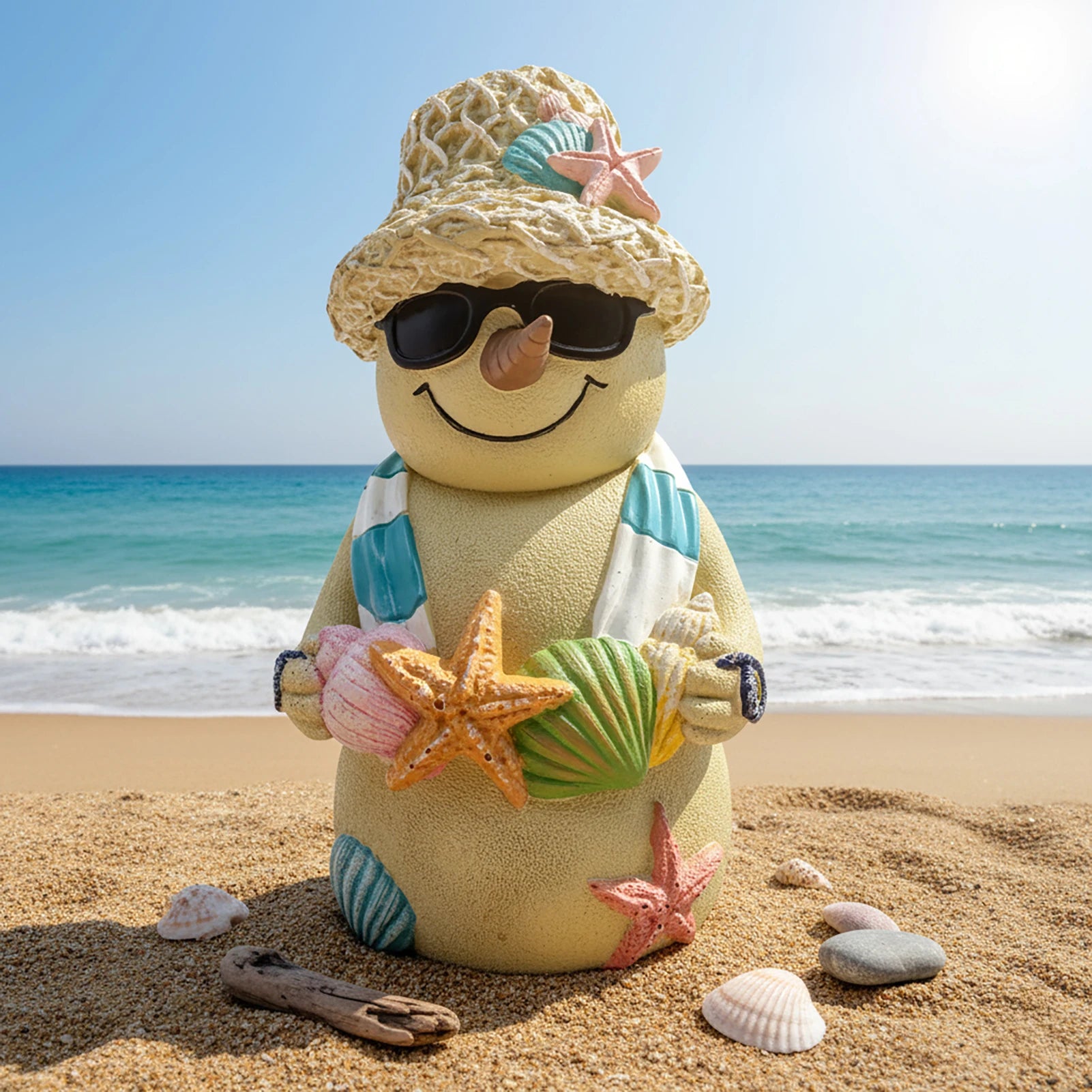Christmas Beach Snowman Decor 18cm Ocean Theme Resin Ornament with Seashells for Holiday Tabletop Gift Display Peaceful Pleasures Health and Wellness