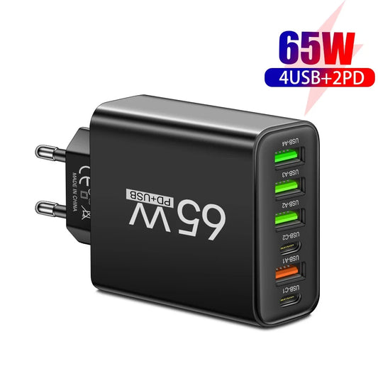 6-Port 65W USB-C Fast Charger Wall Adapter | EU & US Plug Multi-Port USB Charger Peaceful Pleasures Health and Wellness