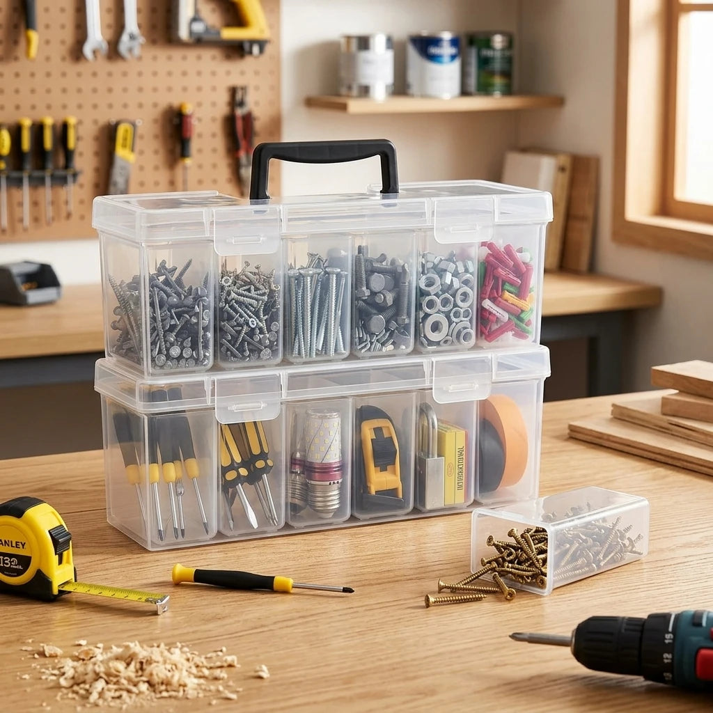 Portable 6-Compartment Clear Small Parts Organizer Box – For Hardware, Beads, Jewelry & Crafts