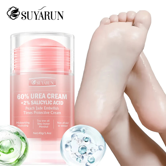 SUYARUN 60% Urea Cream & Peach Scented Foot Balm Stick Combo – Intensive Cracked Heel Repair, Deep Moisturizing and Hydration. Peaceful Pleasures Health and Wellness