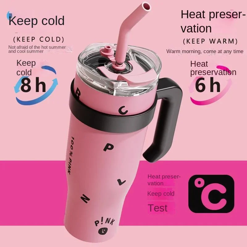 High Appearance 304 Stainless Steel Giant Thermos Cup with Large Capacity with Handle and Straw Ice Cream Cup Car Water Cup Peaceful Pleasures Health and Wellness