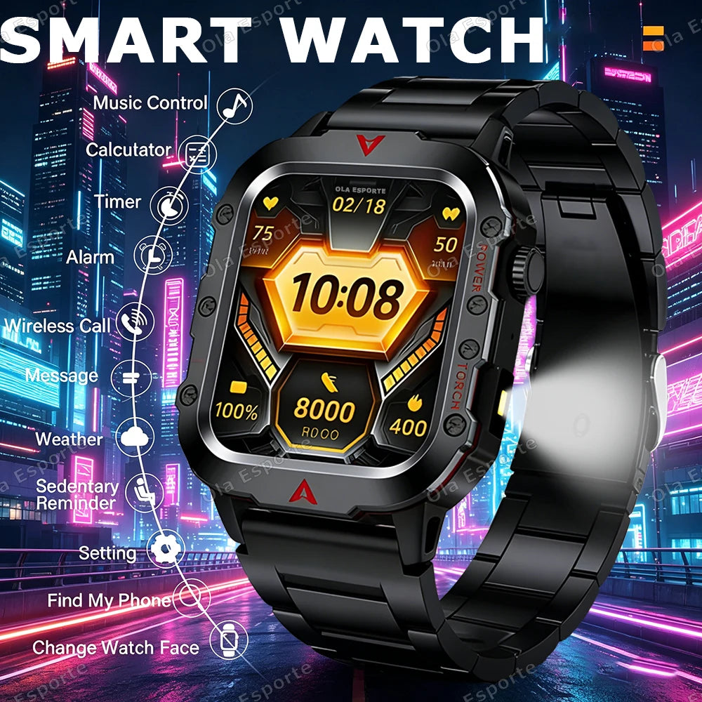 Military Sports Smartwatch | Bluetooth Call, Flashlight, IP69K