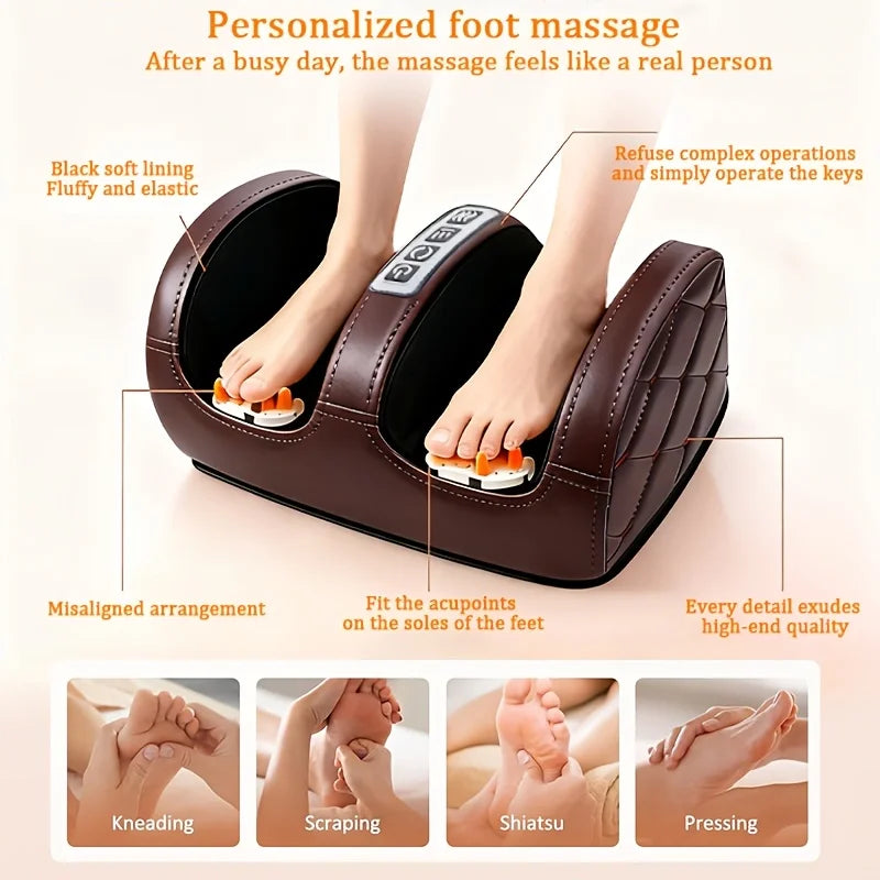 Electric Brown Foot Massager. Roller Acupressure Relaxation Massage, Targeted Massage of Foot Meridian Points. Two-Way Motion Modes, 3 Levels of Massage Intensity. Especially Suitable for Use on Calves, Feet, Legs, and Hands. Peaceful Pleasures Health and Wellness