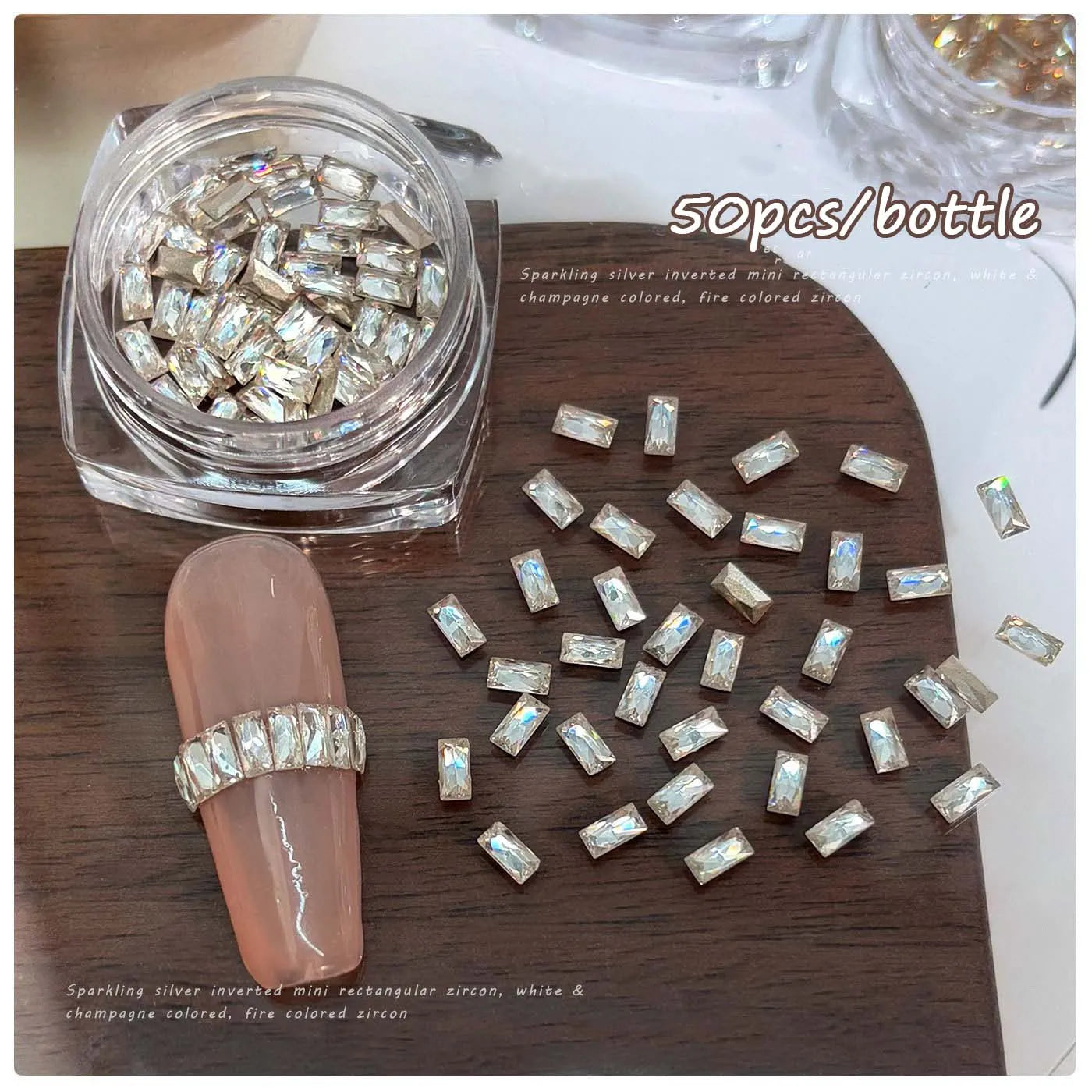 50Pcs Zirconia Strip Nail Rhinestones 2x4mm | Clear & Champagne