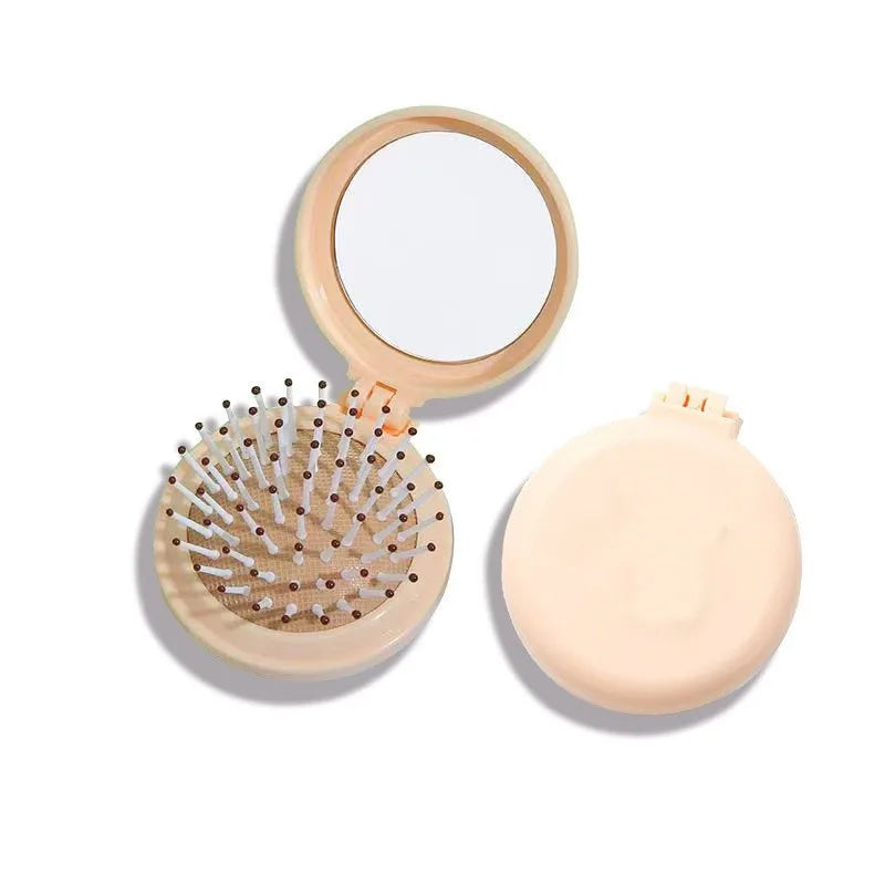 Mini Portable Folding Travel Hair Brush with Mirror for Women Lightweight Plastic Dual Fold Design for Outdoor Use Hand Washable Peaceful Pleasures Health and Wellness beige 1pcs