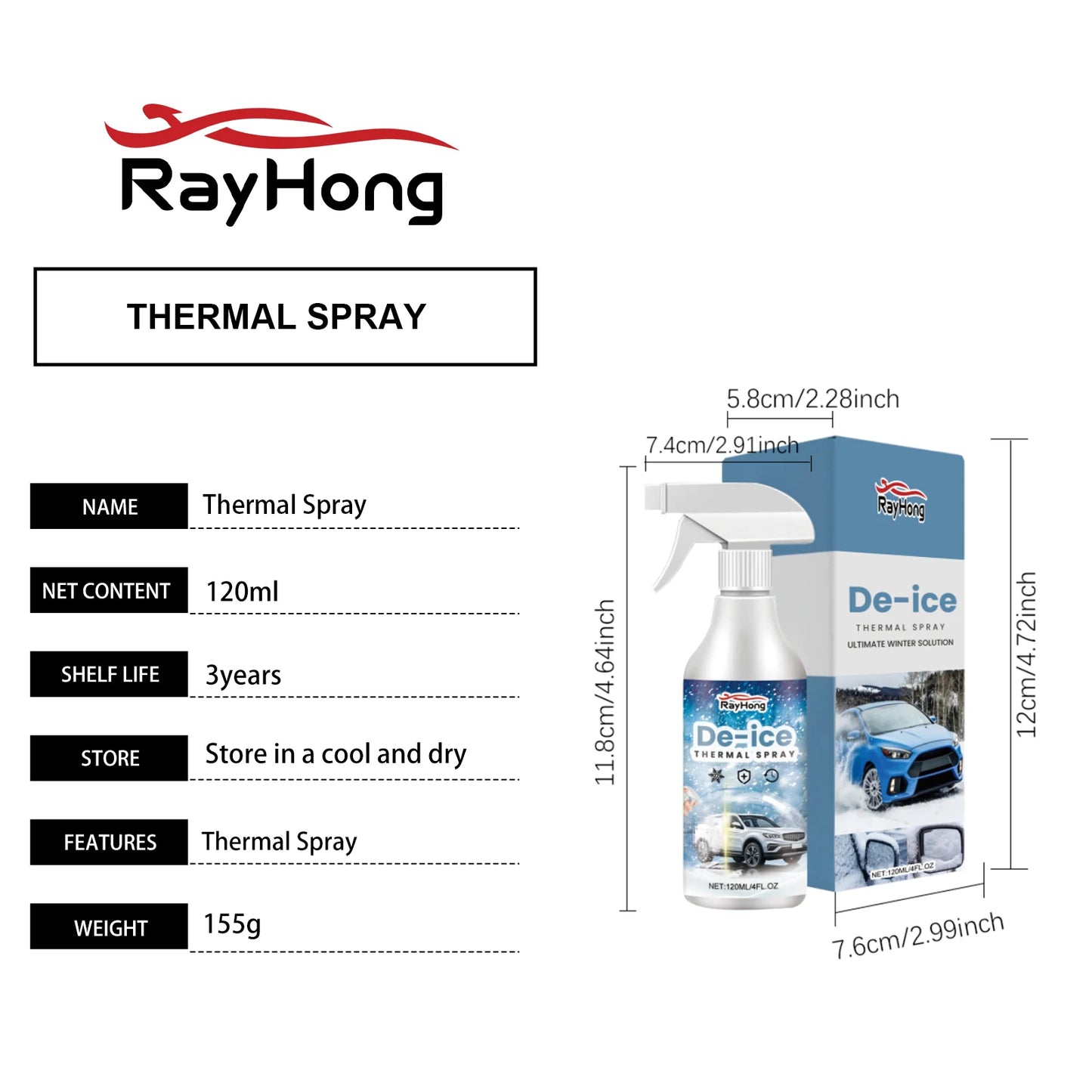 Rayhong 120ml Car De-Icer Spray | Fast Windshield Ice Melt