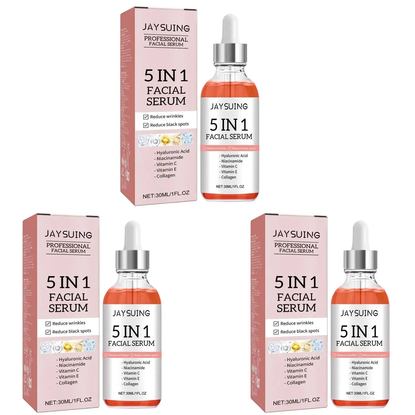 Jaysuing 5 In 1 Hyaluronic Acid Face Serum 30ml Moisturizing Vitamin C Collagen Lightning Facial Serum Shrink Pores Skin Care Peaceful Pleasures Health and Wellness 3pcs