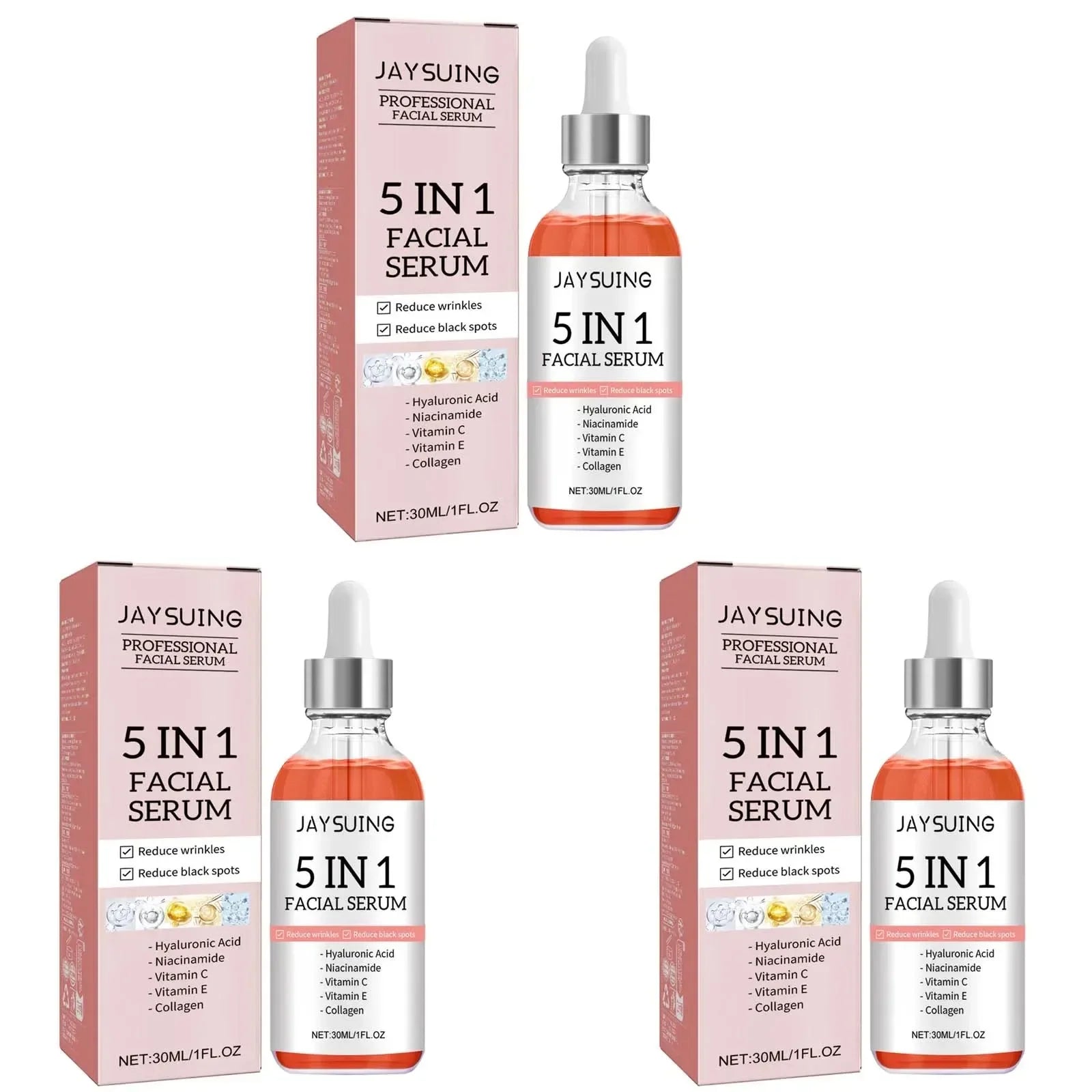 Jaysuing 5 In 1 Hyaluronic Acid Face Serum 30ml Moisturizing Vitamin C Collagen Lightning Facial Serum Shrink Pores Skin Care Peaceful Pleasures Health and Wellness 3pcs