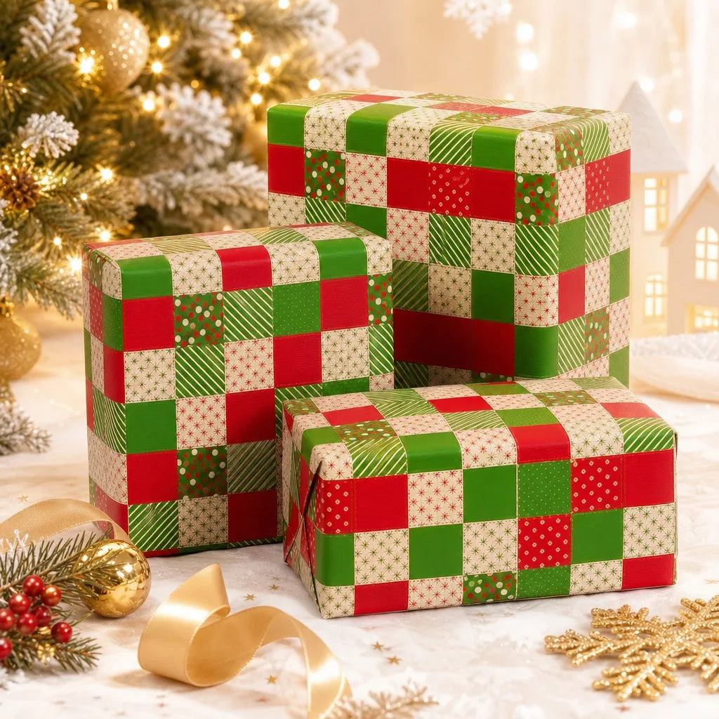 Christmas Wrapping Paper Roll Patchwork Plaid Red Green Kraft Design