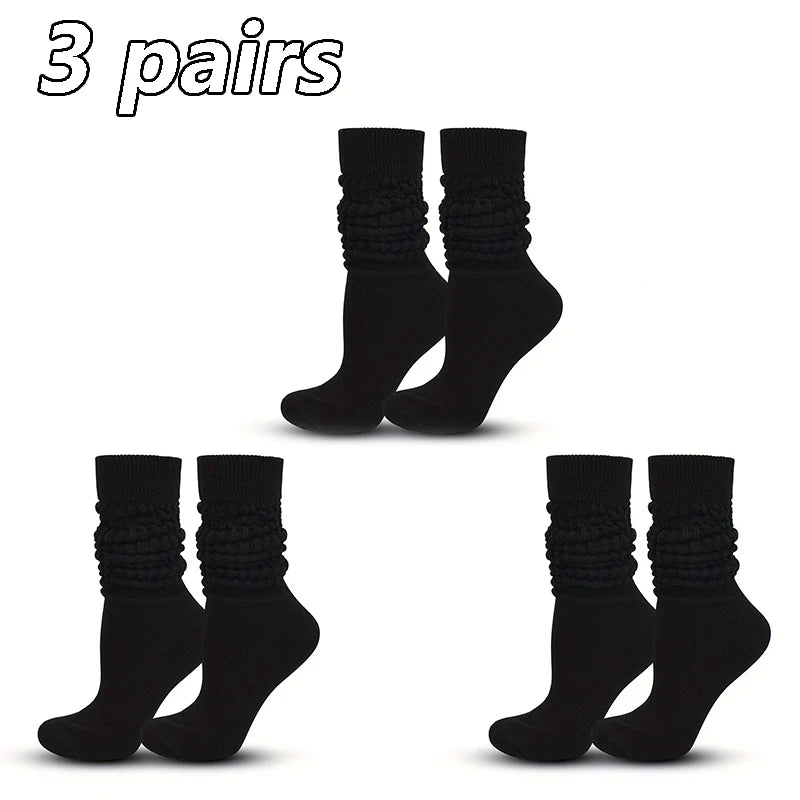 3 Pairs Women Pile Up Socks Fashionable Trendy Versatile White Solid Color Basic Socks Comfortable Breathable Mid Length Socks Peaceful Pleasures Health and Wellness 3 black