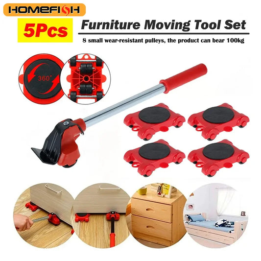 HOMEFISH 5Pcs/Set Duty Furniture Lifter Mover Roller with Wheel Bar Moving Device Lifting Helper Furniture Peaceful Pleasures Health and Wellness Default Title