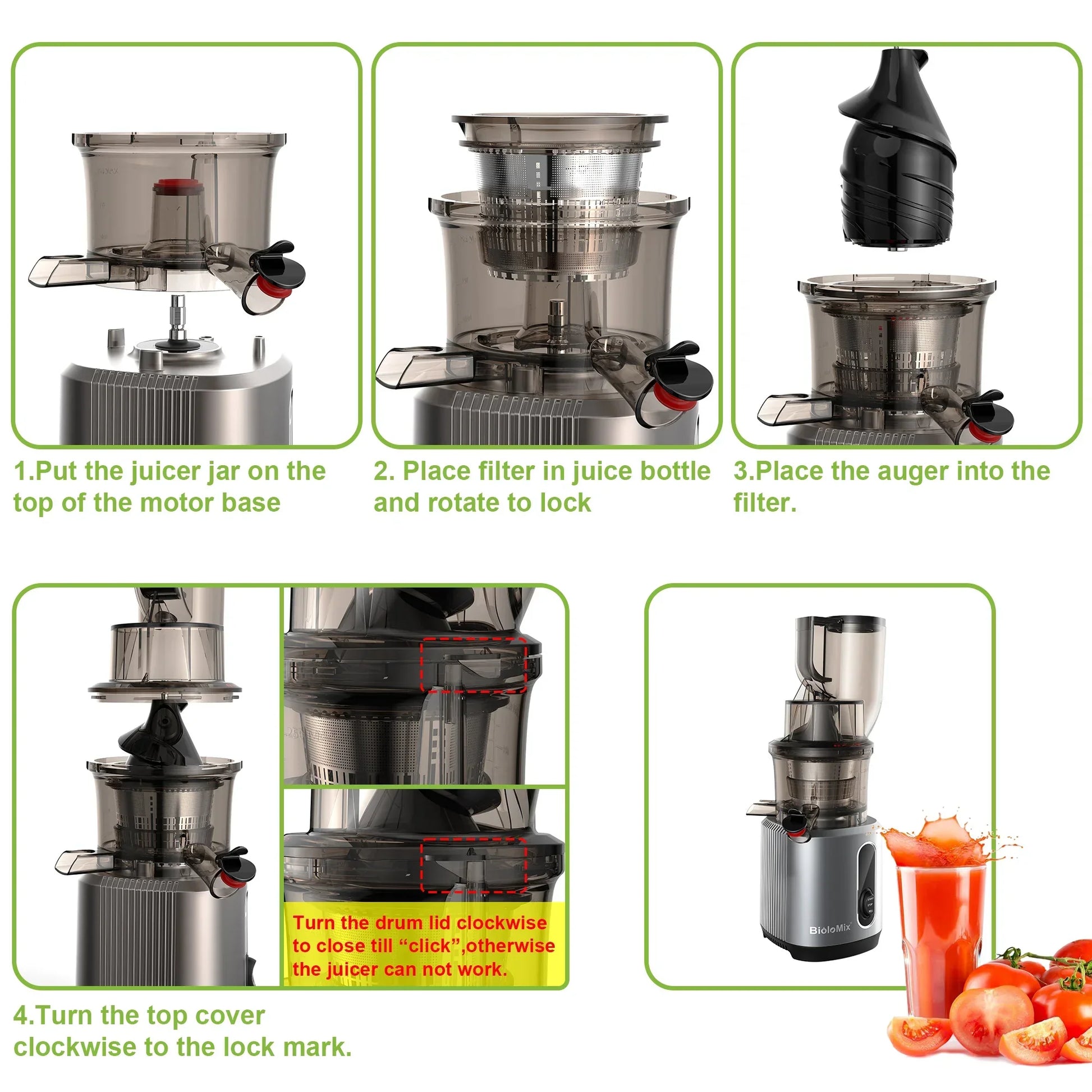 BioloMix Cold Press Juicer – 75mm Feed Chute, 200W, Quiet Motor Juicer BioloMix
