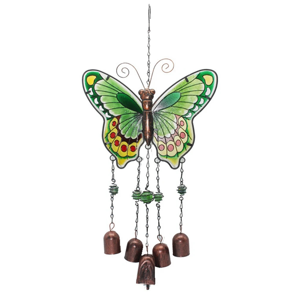 A36T-Big Butterfly Iron Glass Painted Wind Chimes Metal Tube Bell Crafts Ornaments Peaceful Pleasures Health and Wellness Green