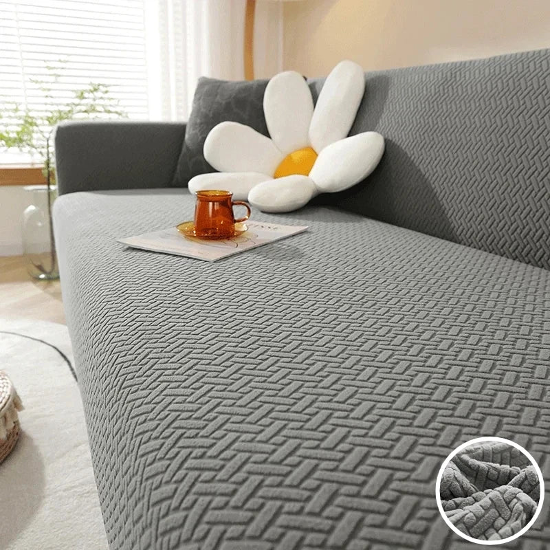 Jacquard Sofa Cover For Living Room Elastic Thick Jacquard Sofa Cover For L-shaped Corner Sofa Cover 1/2/3Seater with Pillowcase Peaceful Pleasures Health and Wellness Grey Long Grid 1 Seater 90-140cm