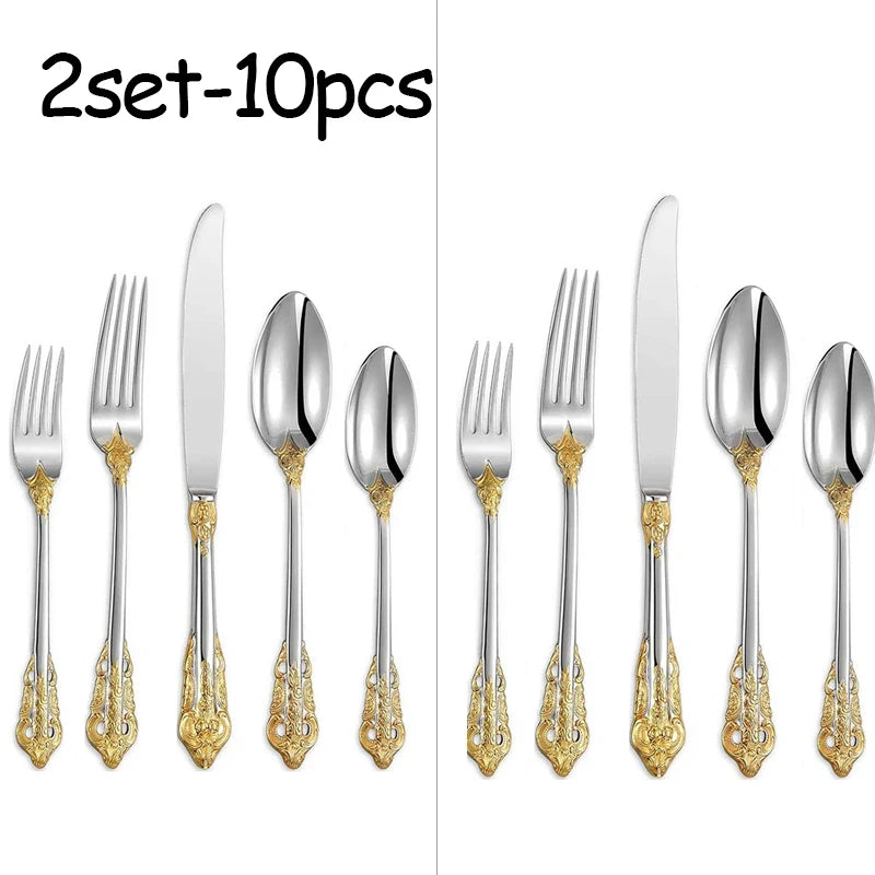 Stainless Steel Dinnerware Sets High-grade Knife Fork And Spoons Cutlery Kits Gold Plated Floral Pattern Tableware Dropship Peaceful Pleasures Health and Wellness 2set silver golden