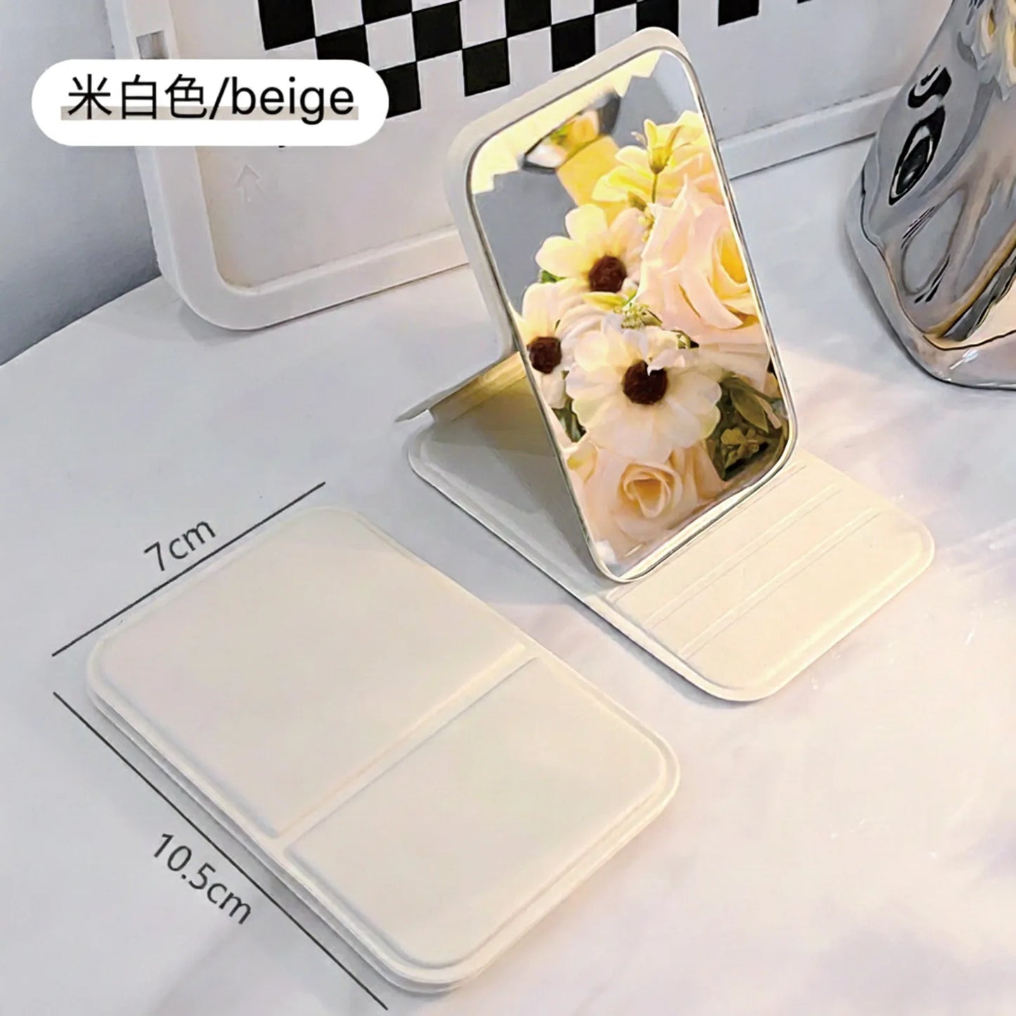 Small Makeup Mirror Portable Folding Girls' Touch-up Mirror Creative High-definition Desktop Standing Mini Portable Small Mirror Peaceful Pleasures Health and Wellness Beige-1pcs