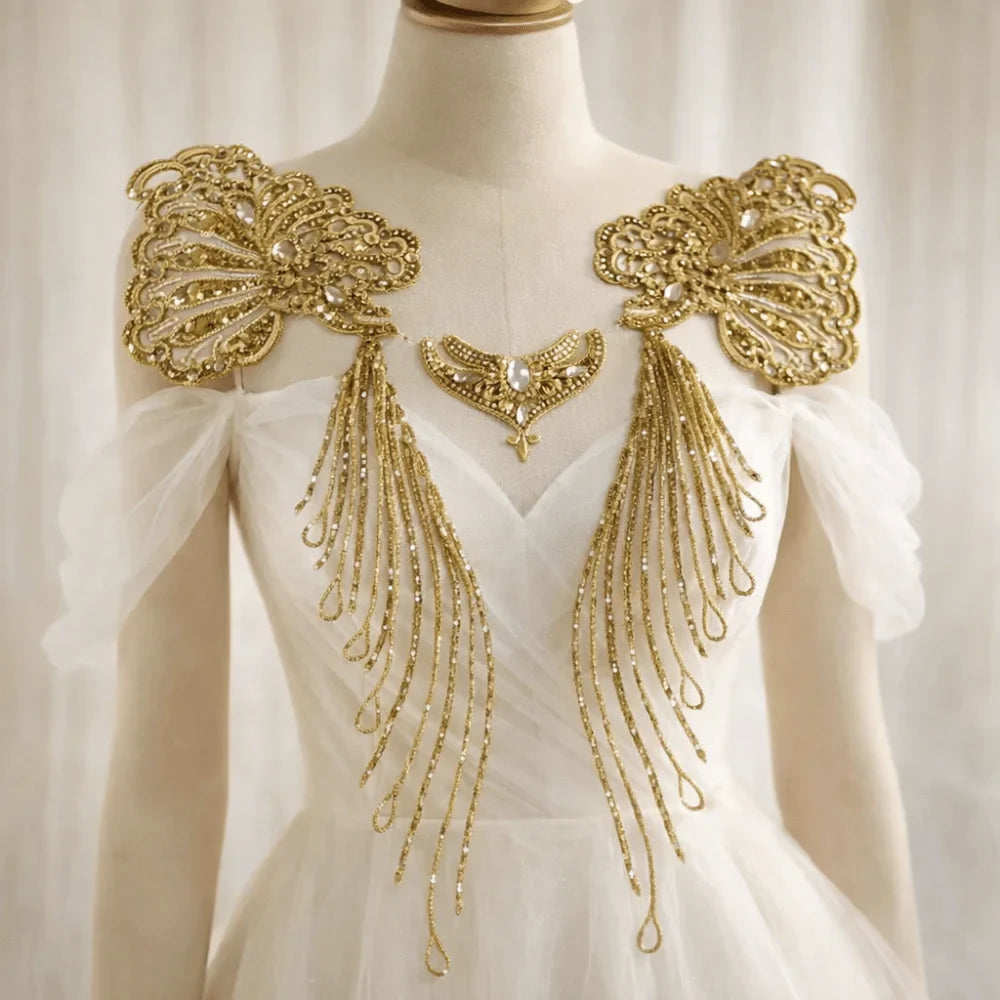 Gold & Silver Sequin Embroidered Wing Patch Set | Organza Trim