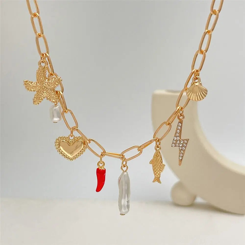 Vintage Enamel Cherry Necklace – Ocean Style Gold Pendant for Women