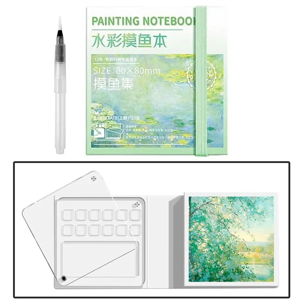 Acrylic Watercolor Paint Palette Set Mini Waterproof Travel Painting Tray Kit Portable with Tearable Book Empty Paint Box Artist Peaceful Pleasures Health and Wellness -12 Grid with Pen