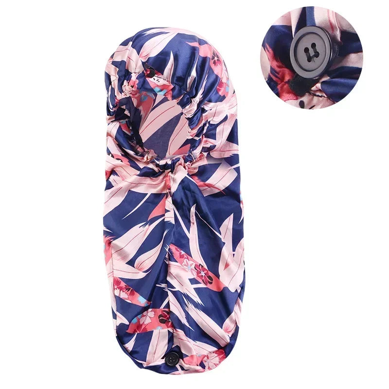 Sleeping Hats Wrap Night Cap Hair Care Bonnet for Unisex, Women, Men, Long Hair Elastic Wide Edge Satin Bonnet Peaceful Pleasures Health and Wellness Bamboo leaf indigo
