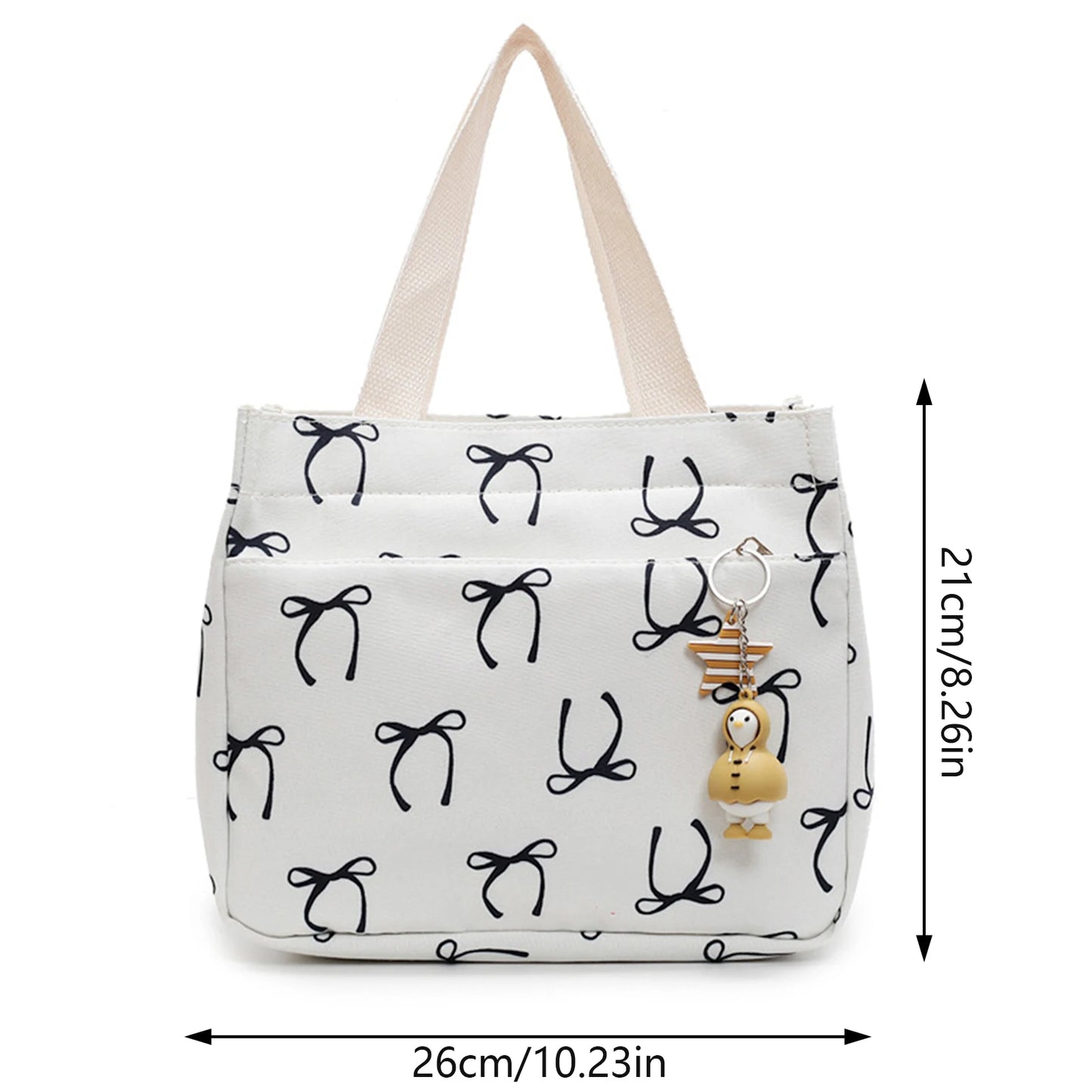 Canvas Lunch Bag With Bow Pattern Pendant Lightweight Bento Tote For Women For Office Commute Travel Picnic Food Storage Peaceful Pleasures Health and Wellness