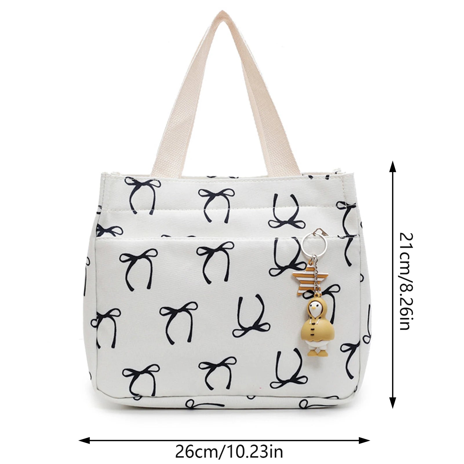 Canvas Lunch Bag With Bow Pattern Pendant Lightweight Bento Tote For Women For Office Commute Travel Picnic Food Storage Peaceful Pleasures Health and Wellness