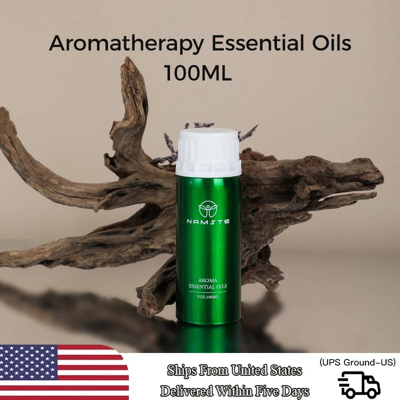Green aromatherapy essential oils bottle with white cap on a wooden background