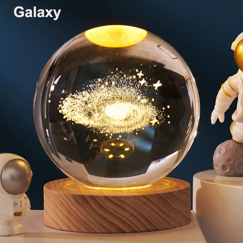 6cm 3D Crystal Ball Decoration 2026 Astronomy Solar System Planets Moon Astronaut LED Balls Home Snow Glass Globe Decorations Peaceful Pleasures Health and Wellness Galaxy USB Plug