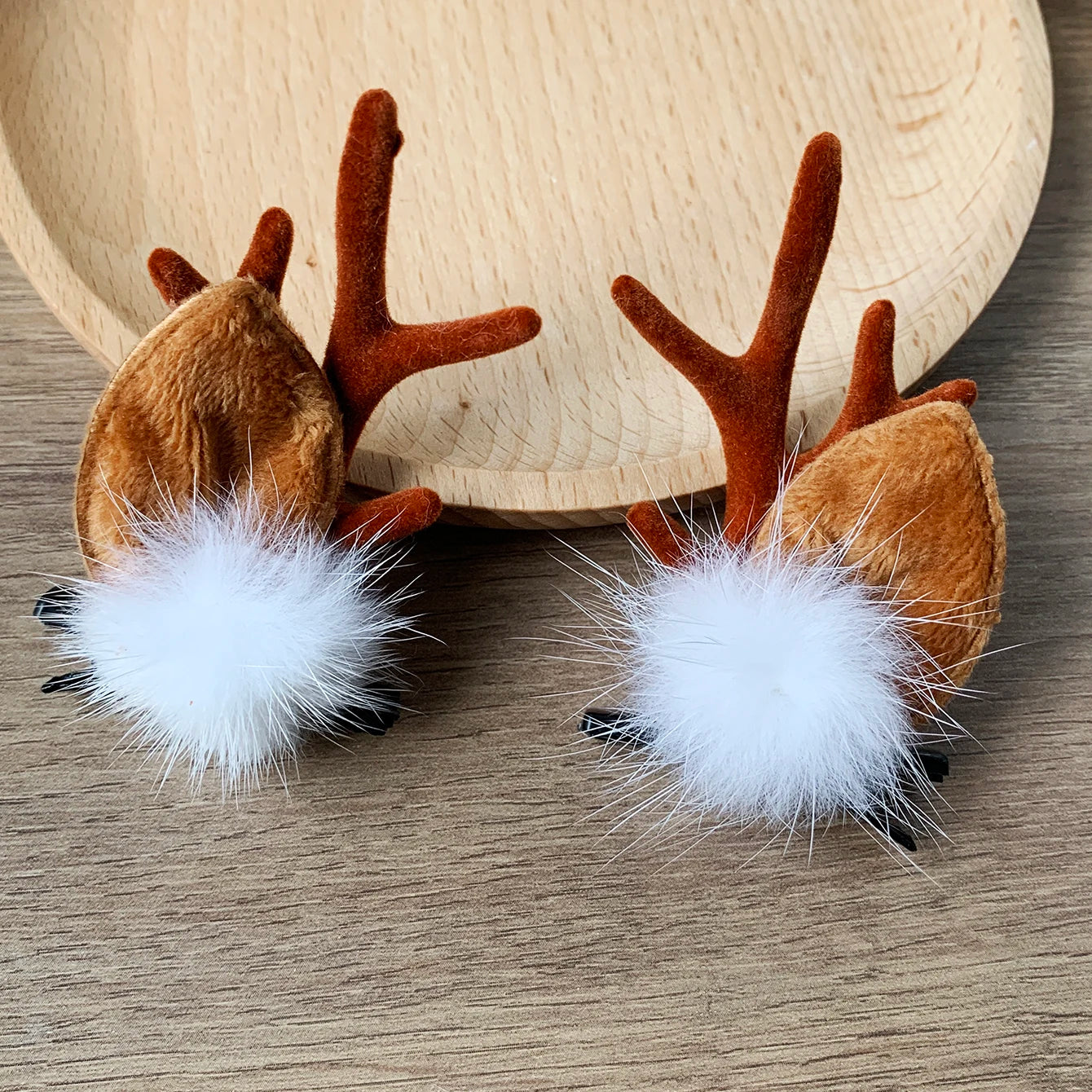 Festive Deer Antlers Hair Clips with Fluffy Pom-Poms Peaceful Pleasures Health and Wellness