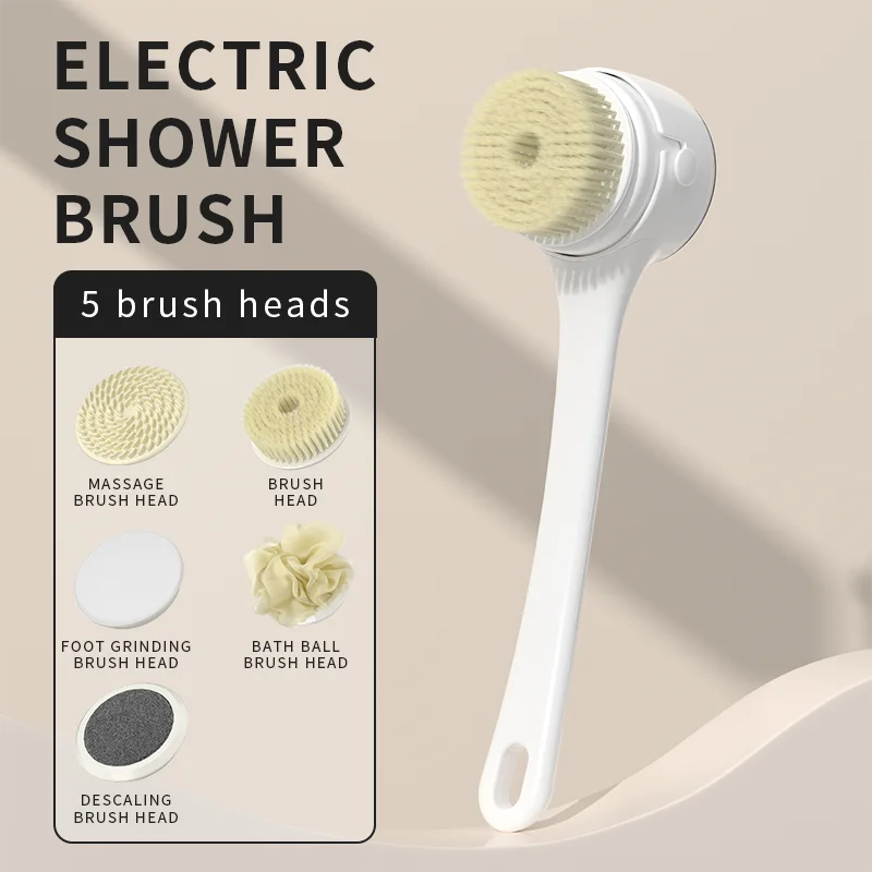 2026 NEW Electric Shower Body Cleaning Brush 5 Heads Spinning Spa Bath Brush Waterproof Long Handle Personal Back Rubbing 3 Gear Peaceful Pleasures Health and Wellness CB-white